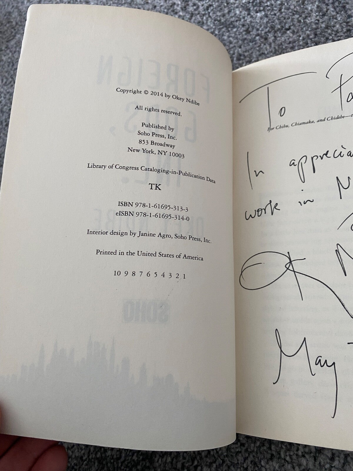 SIGNED INSCRIBED Foreign Gods Inc. Okey Ndibe Inscribed Uncorrected Proof Copy