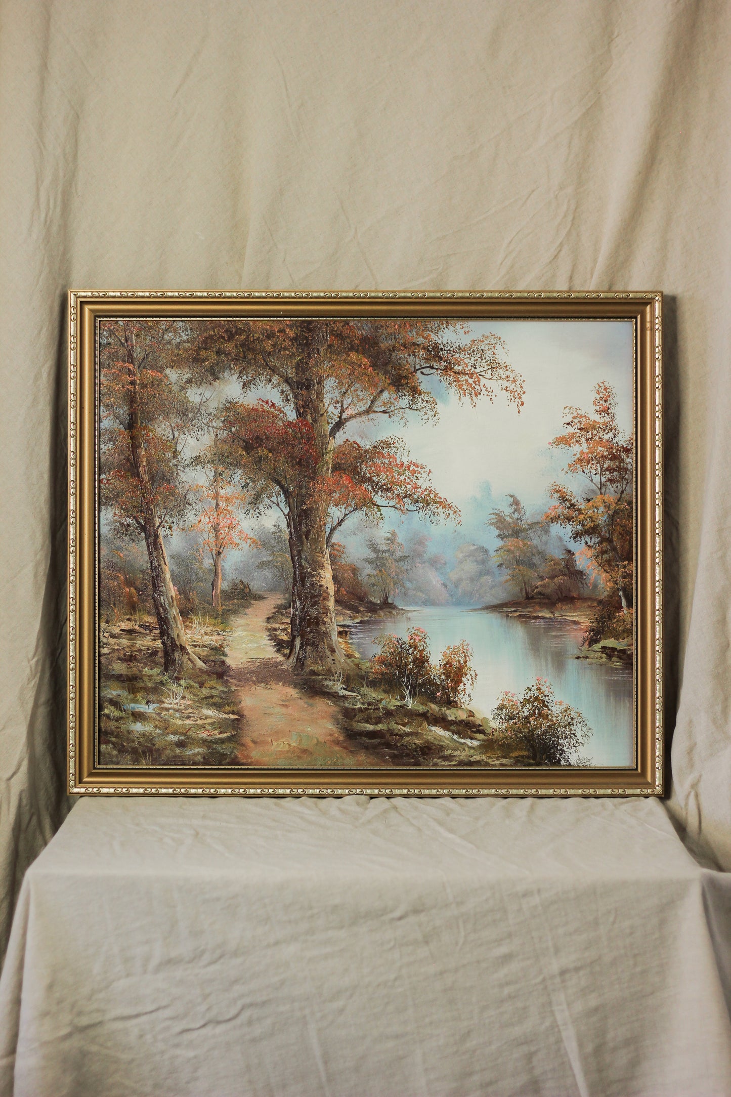 Woodland Scene with River, Oil on Canvas