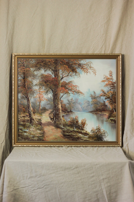 Woodland Scene with River, Oil on Canvas