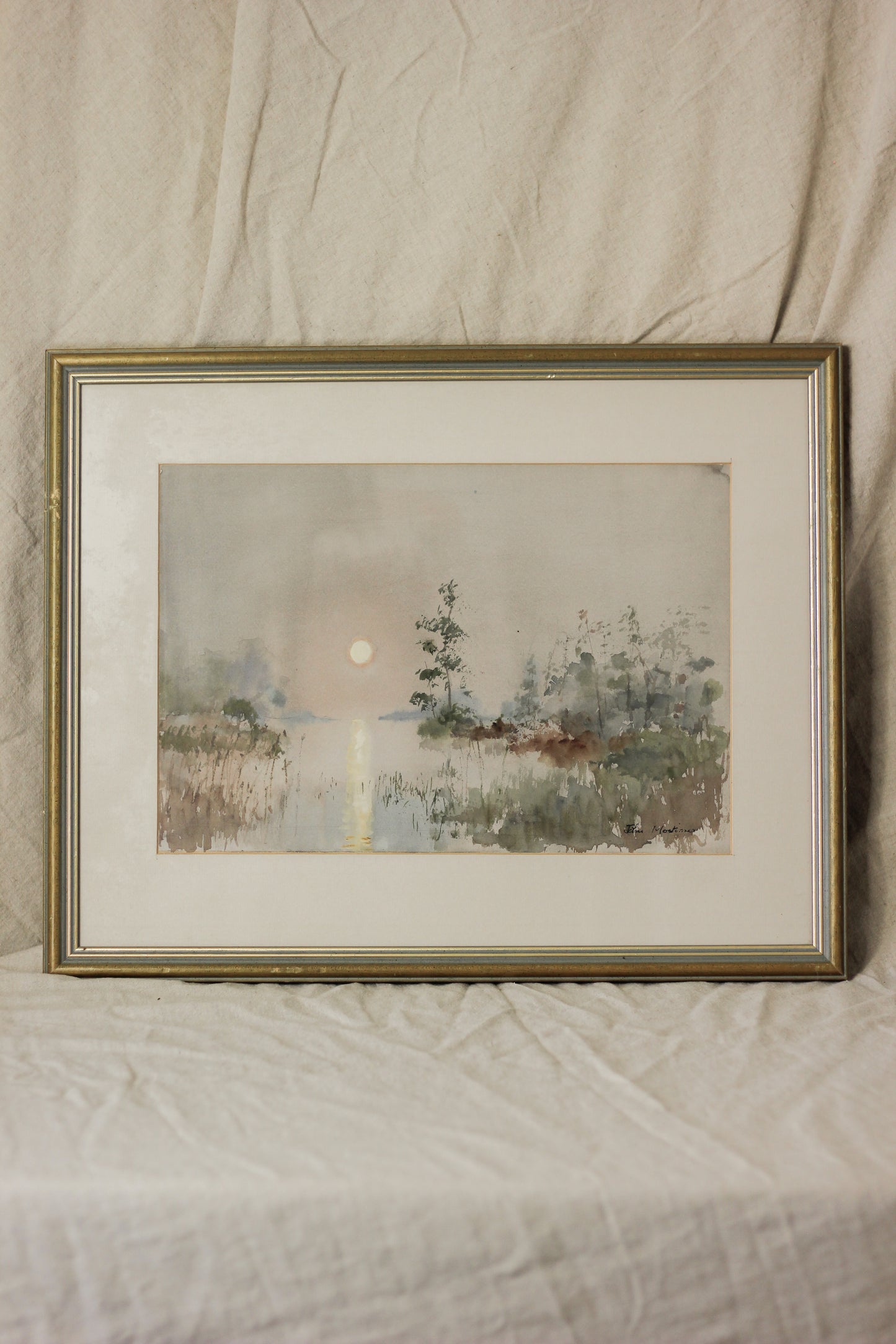 Sunset Over a Lake with Foliage, Watercolour on Paper