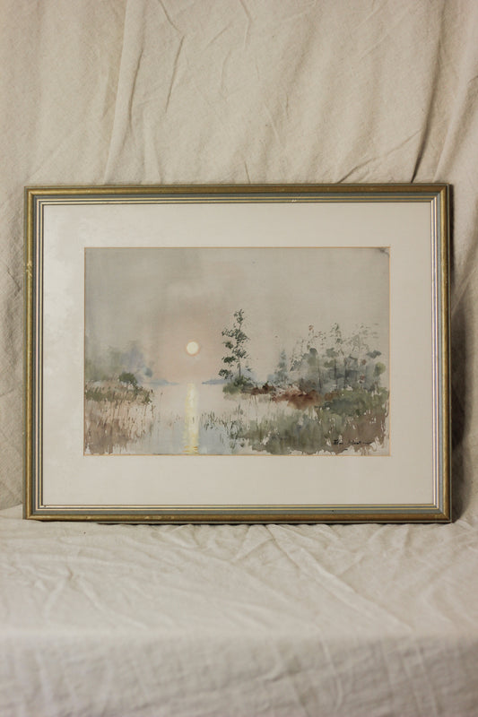 Sunset Over a Lake with Foliage, Watercolour on Paper