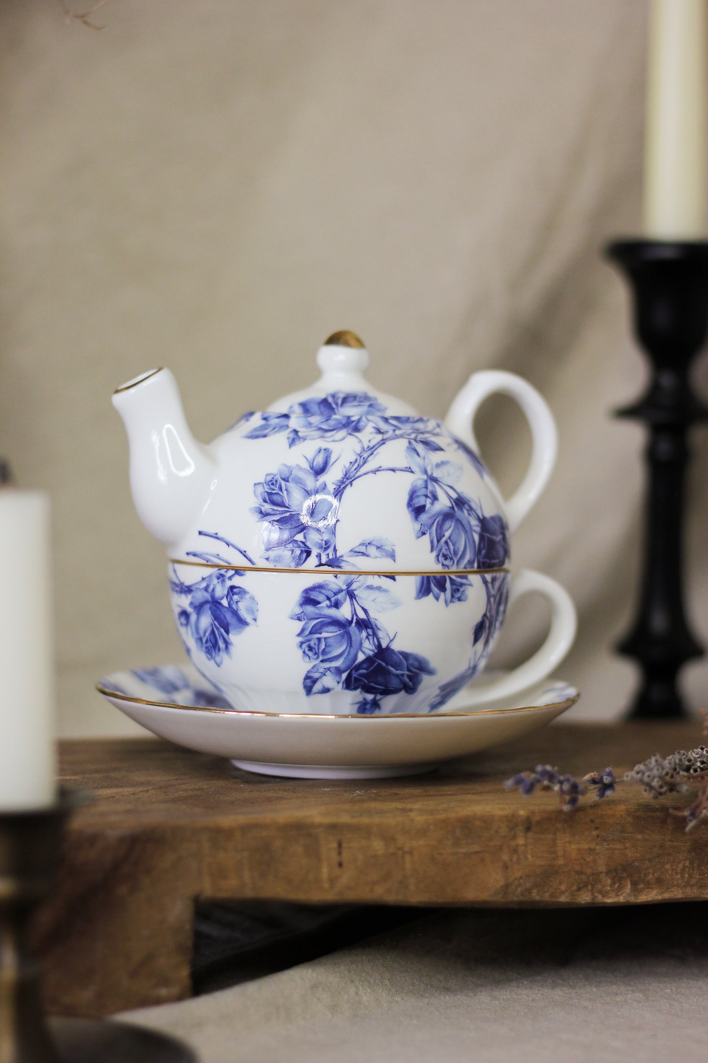 Blue Rose Fine Bone China Teapot, Cup & Saucer Trio