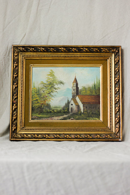 Country Church Landscape Scene, Oil on Canvas