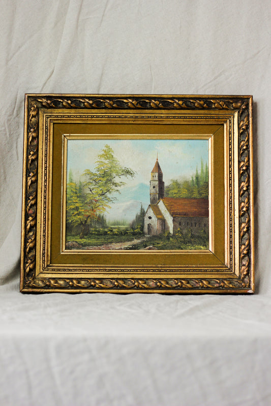 Country Church Landscape Scene, Oil on Canvas
