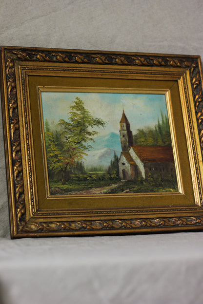 Country Church Landscape Scene, Oil on Canvas
