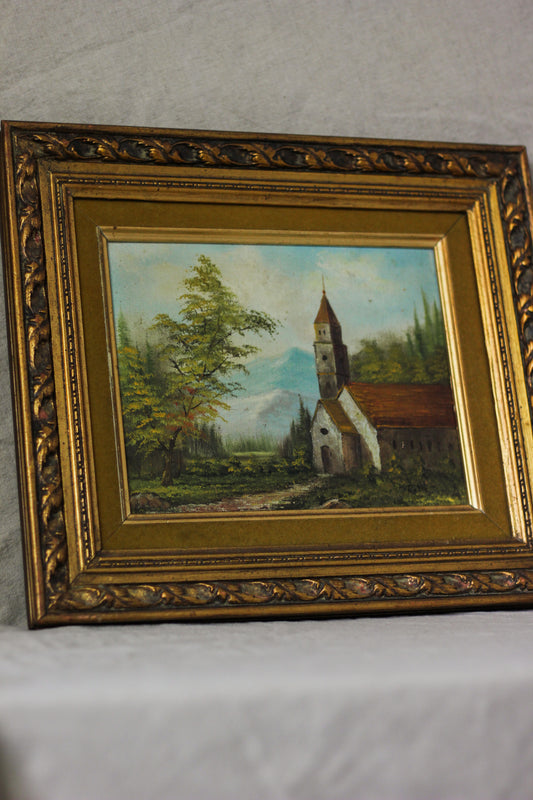 Country Church Landscape Scene, Oil on Canvas