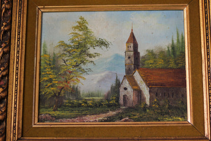 Country Church Landscape Scene, Oil on Canvas