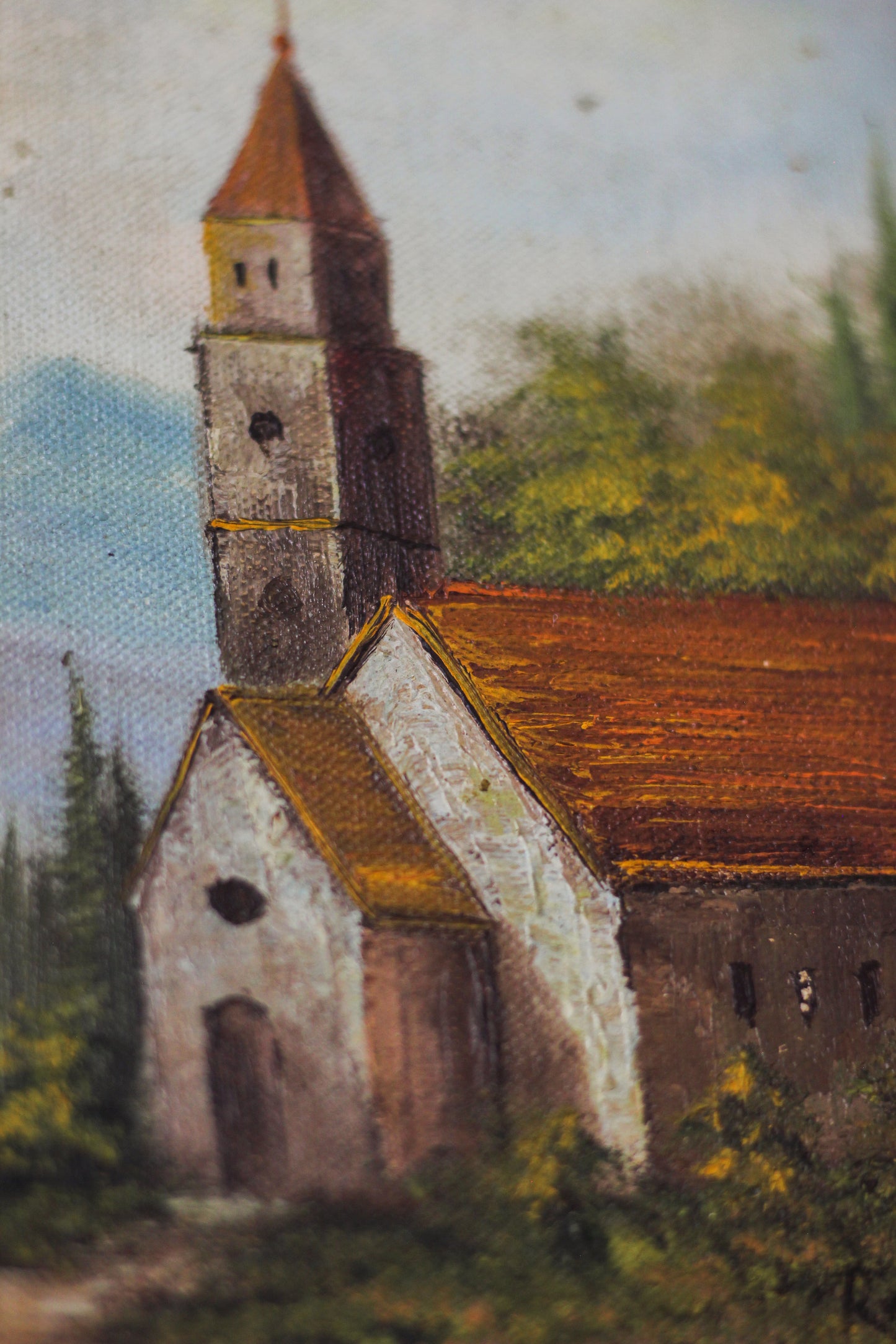 Country Church Landscape Scene, Oil on Canvas