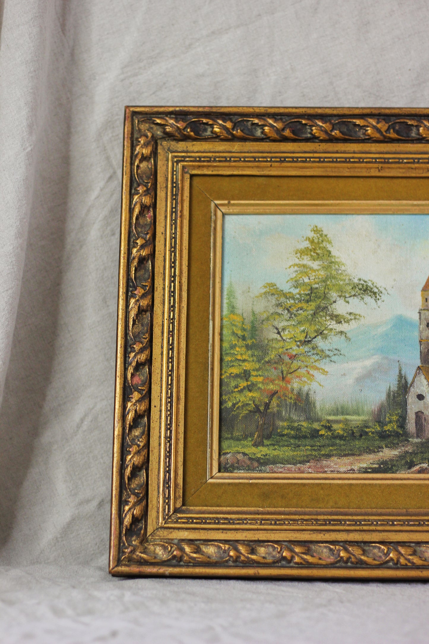 Country Church Landscape Scene, Oil on Canvas