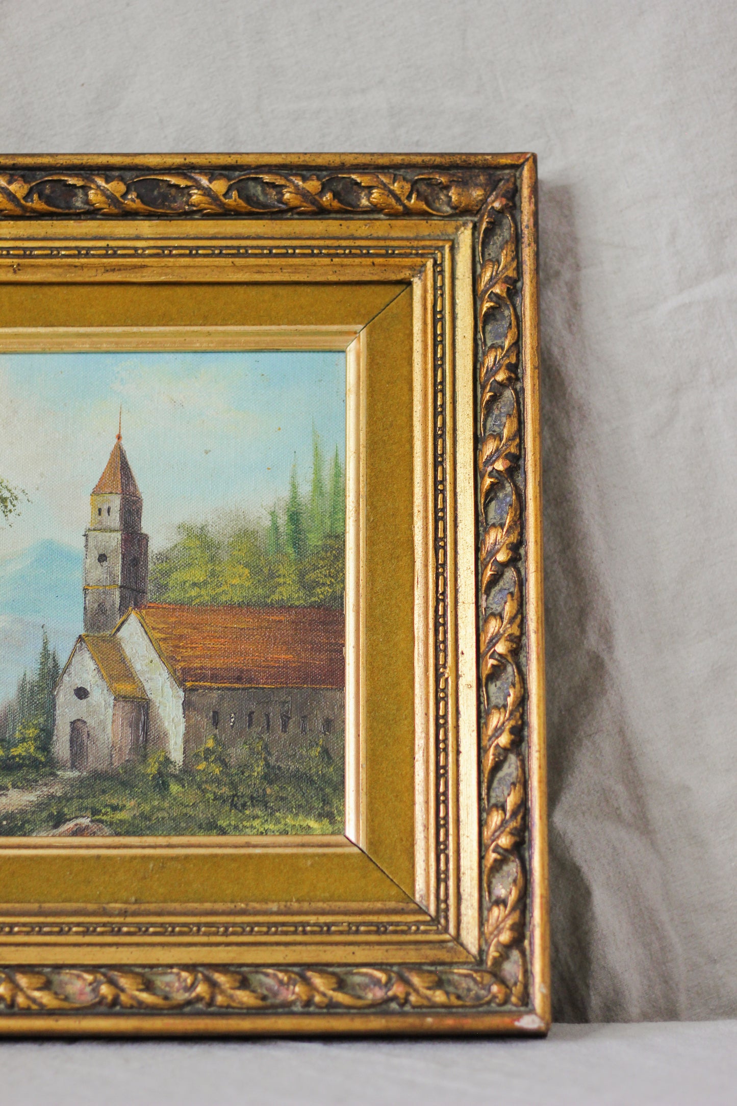 Country Church Landscape Scene, Oil on Canvas