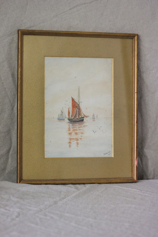 Nautical Scene with Sailing Boats, Watercolour on Paper