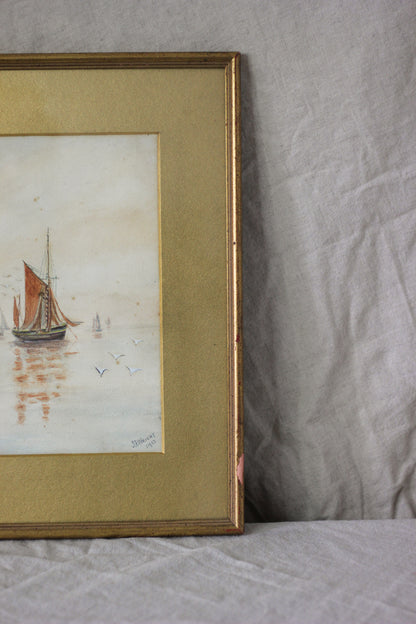 Nautical Scene with Sailing Boats, Watercolour on Paper