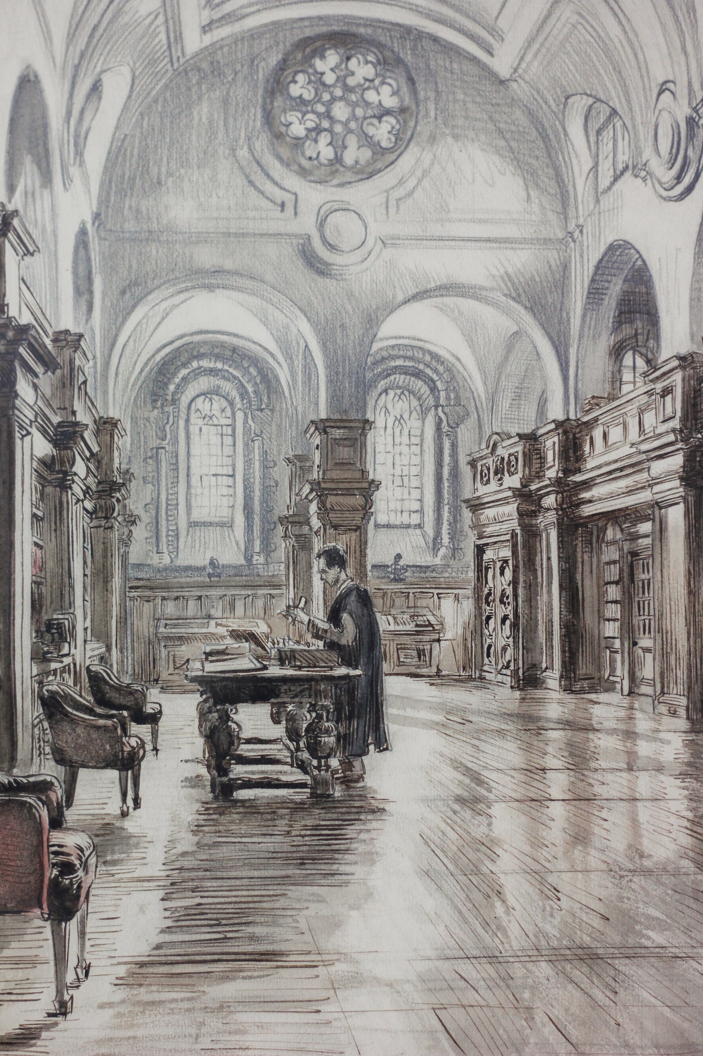 'Canterbury Cathedral Library', Pencil, Pen & Gouache on Paper