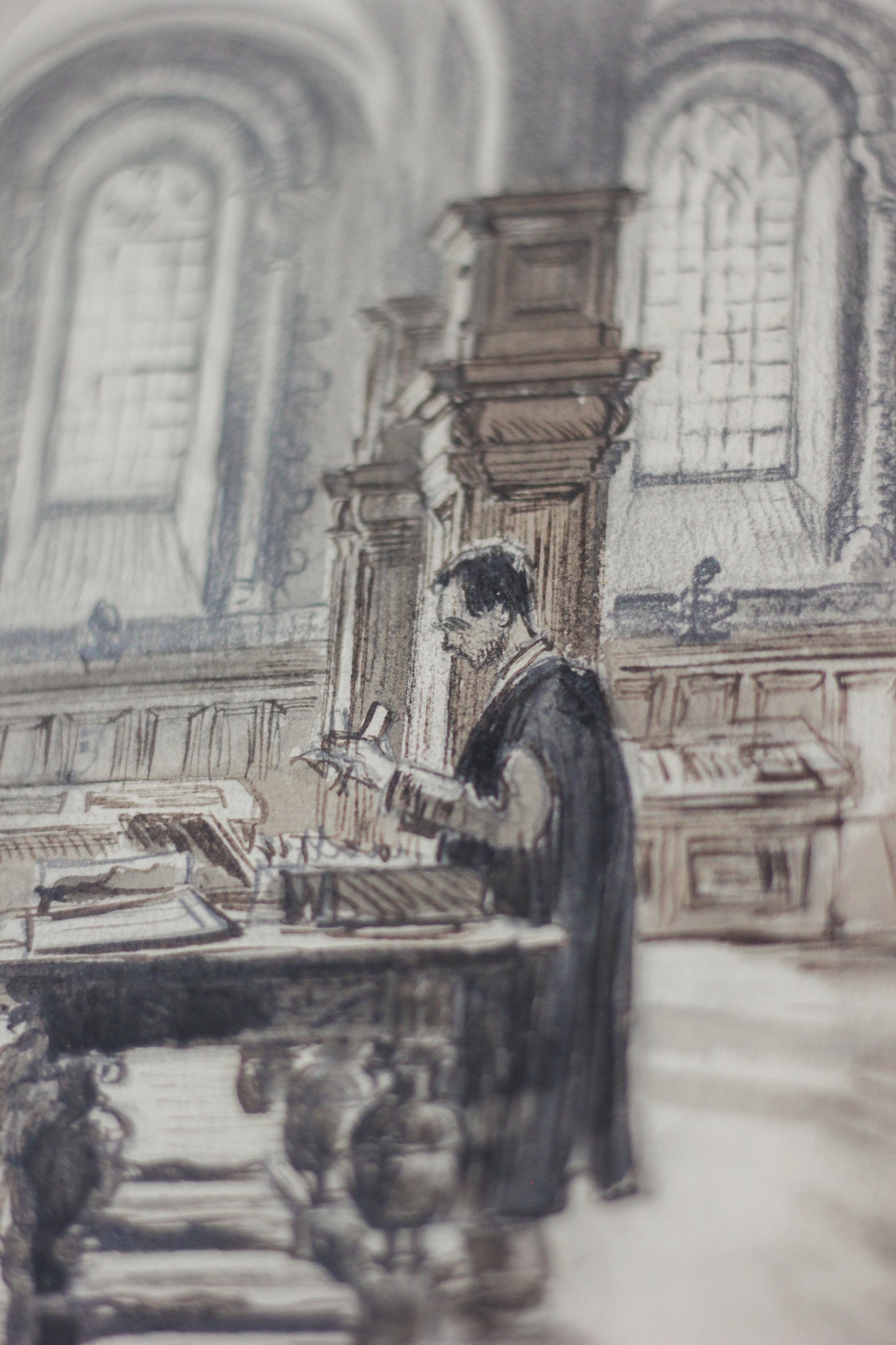 'Canterbury Cathedral Library', Pencil, Pen & Gouache on Paper