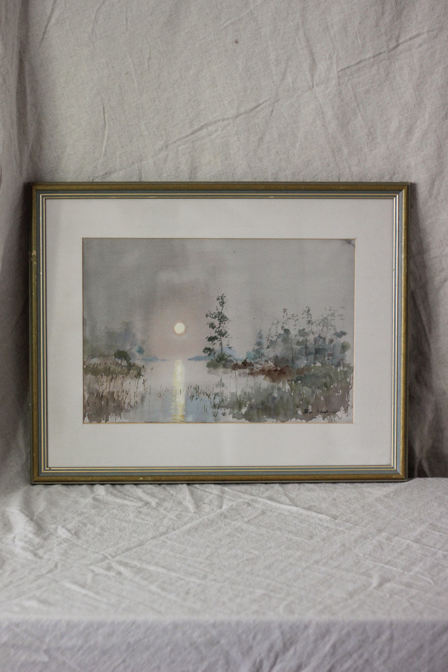 Sunset Over a Lake with Foliage, Watercolour on Paper