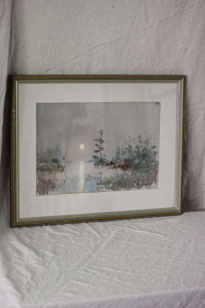 Sunset Over a Lake with Foliage, Watercolour on Paper
