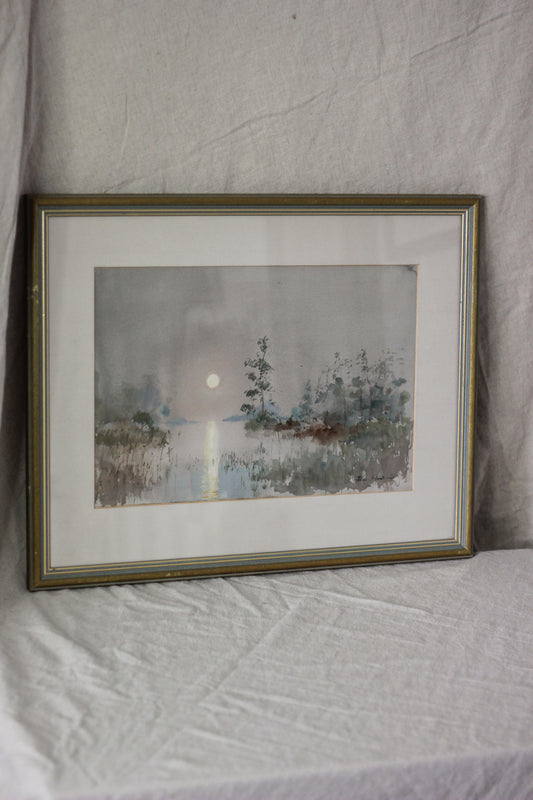 Sunset Over a Lake with Foliage, Watercolour on Paper