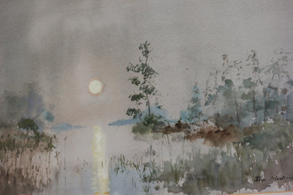Sunset Over a Lake with Foliage, Watercolour on Paper