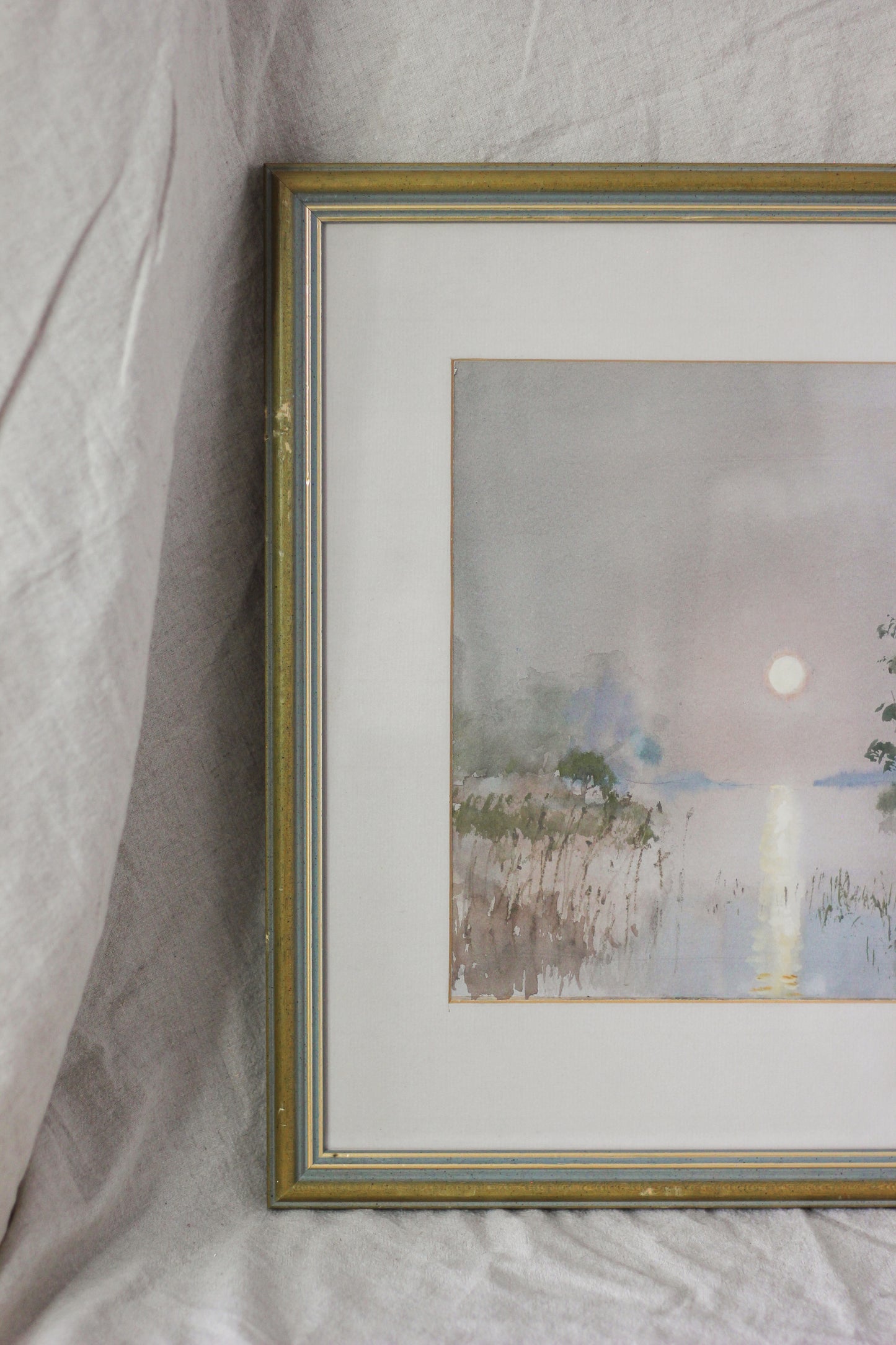 Sunset Over a Lake with Foliage, Watercolour on Paper