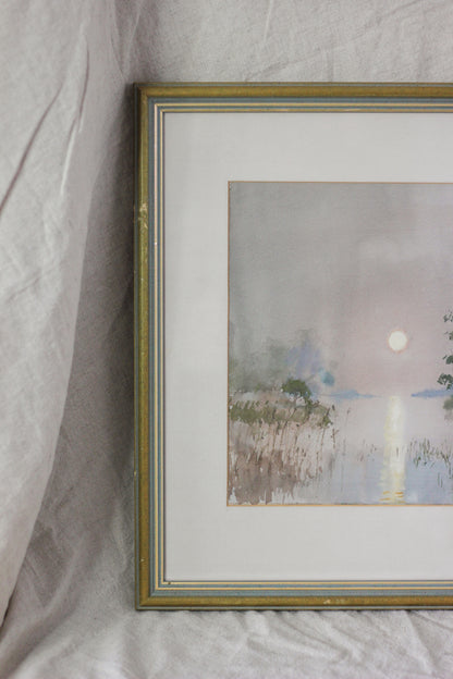 Sunset Over a Lake with Foliage, Watercolour on Paper