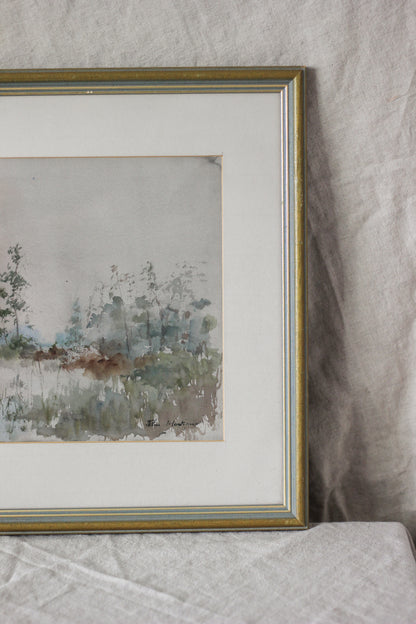 Sunset Over a Lake with Foliage, Watercolour on Paper