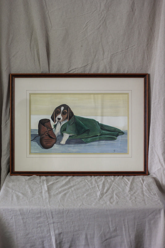 Puppy with Shoe and Blanket, Watercolour on Paper