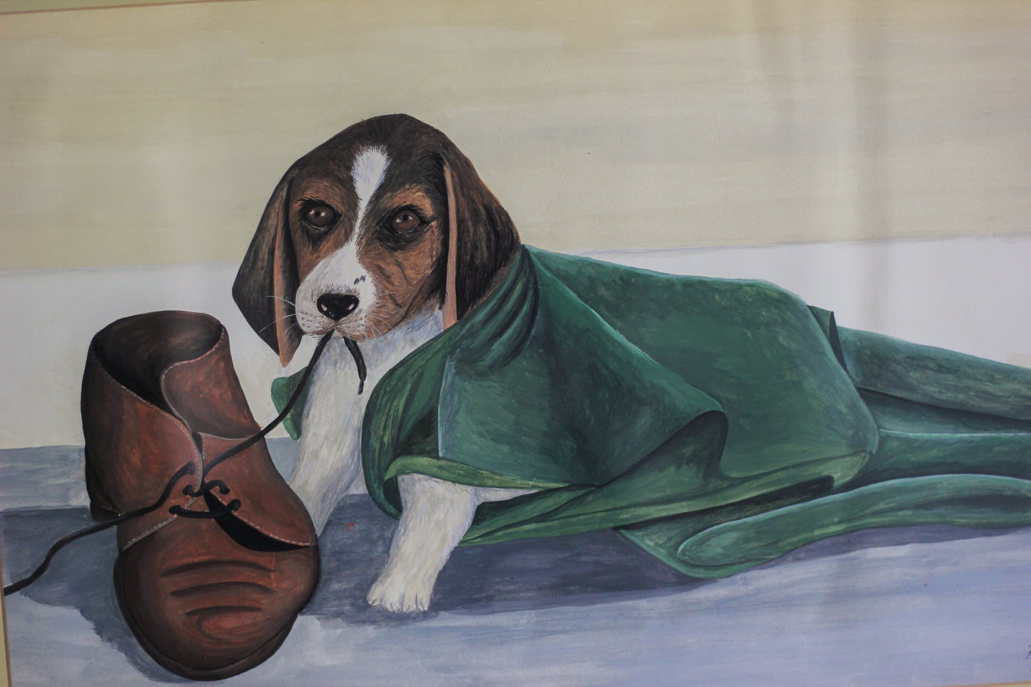 Puppy with Shoe and Blanket, Watercolour on Paper