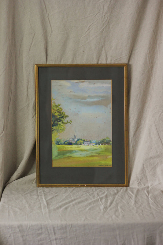 Cricket Scene with Chichester Cathedral, Watercolour on Paper
