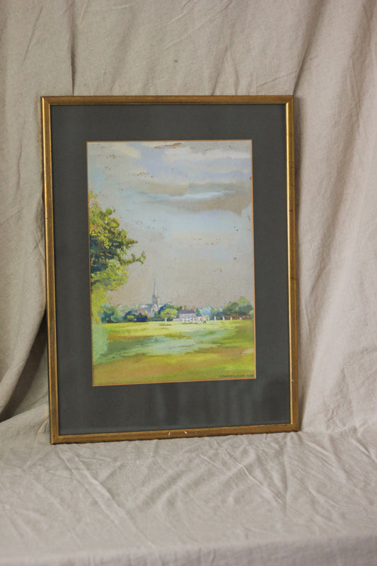 Cricket Scene with Chichester Cathedral, Watercolour on Paper