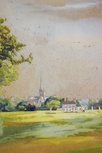 Cricket Scene with Chichester Cathedral, Watercolour on Paper