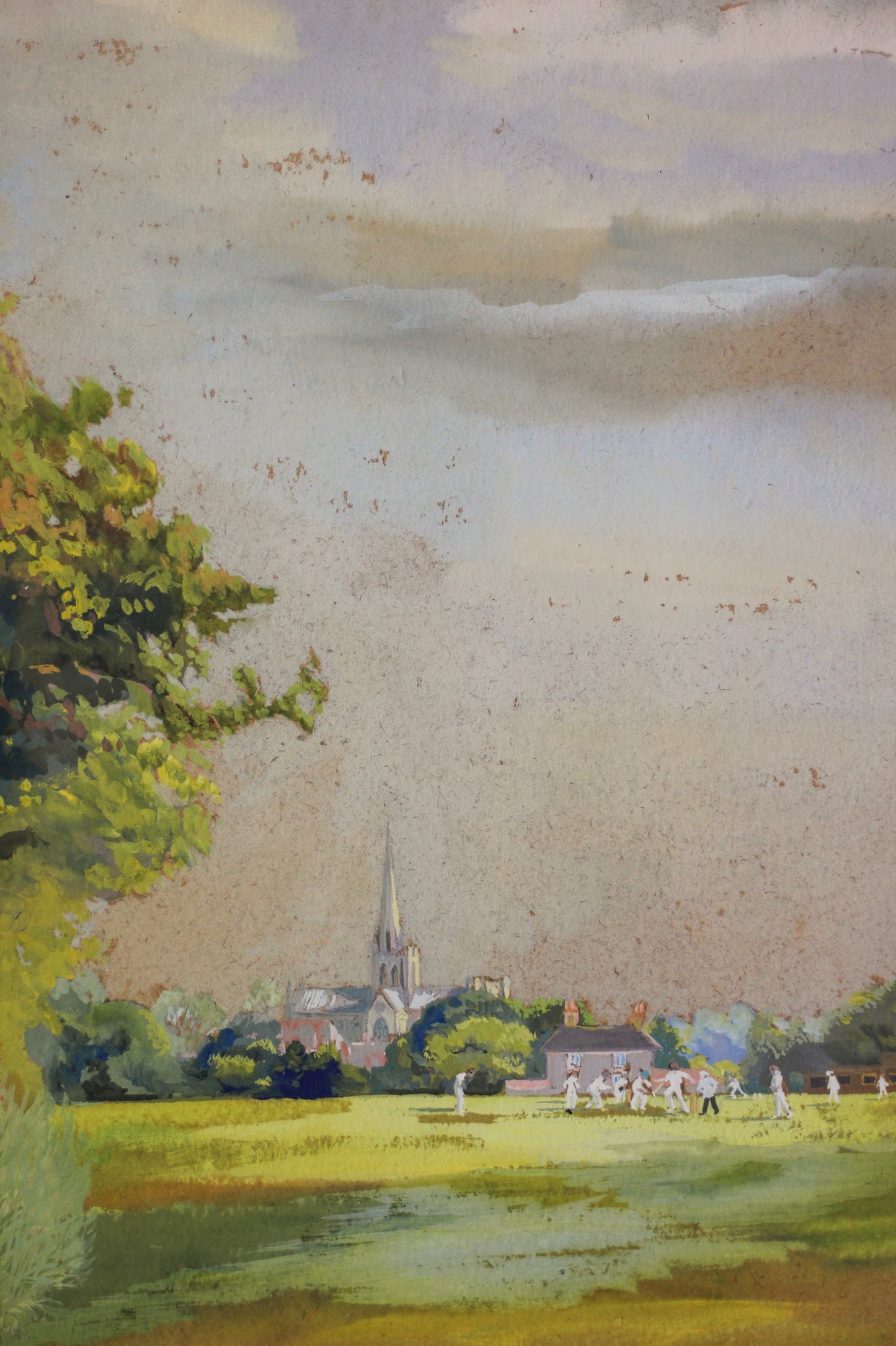 Cricket Scene with Chichester Cathedral, Watercolour on Paper