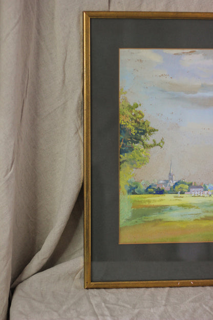 Cricket Scene with Chichester Cathedral, Watercolour on Paper