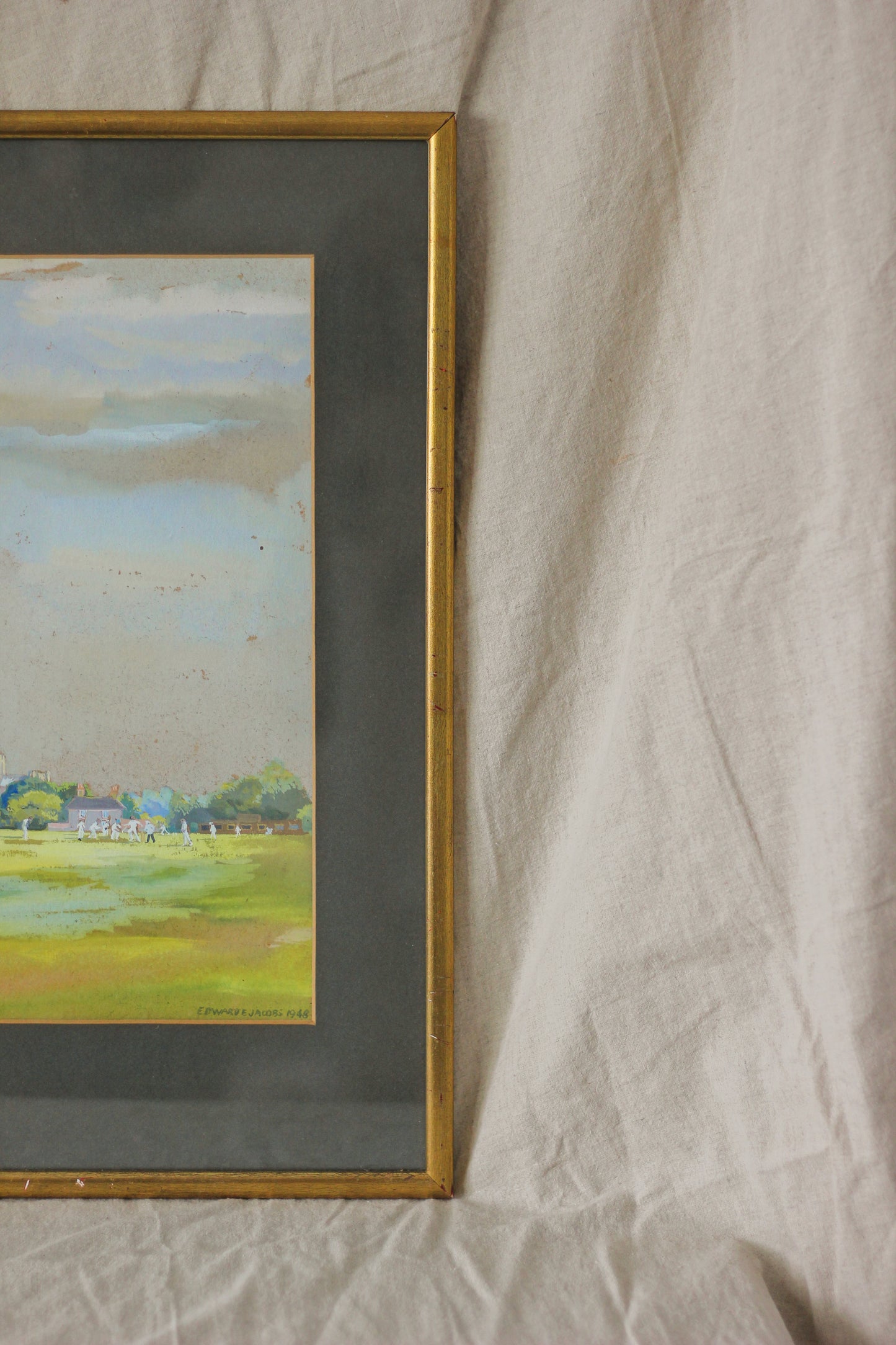 Cricket Scene with Chichester Cathedral, Watercolour on Paper