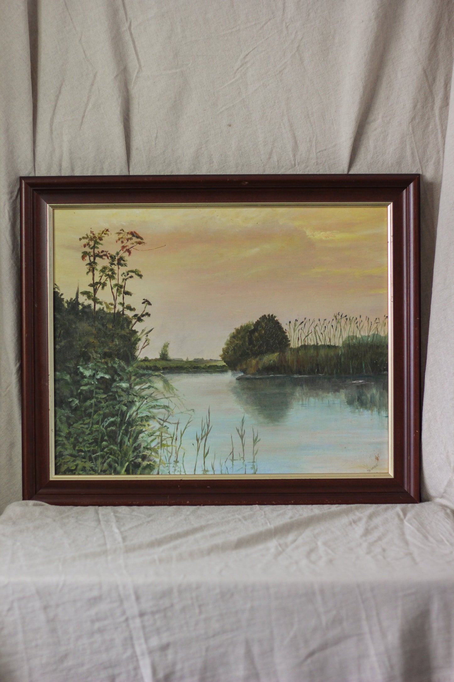 Sunset Over Lake Landscape Scene, Oil on Board