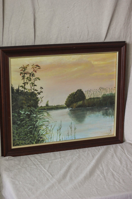 Sunset Over Lake Landscape Scene, Oil on Board