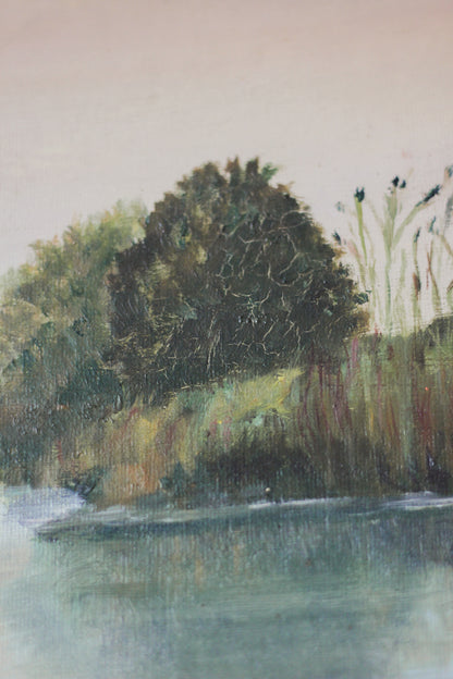 Sunset Over Lake Landscape Scene, Oil on Board