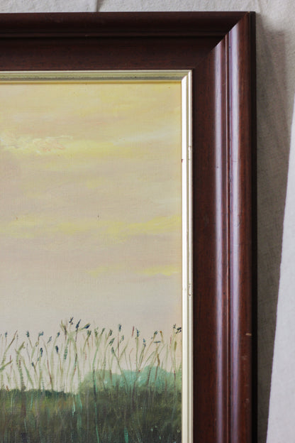 Sunset Over Lake Landscape Scene, Oil on Board