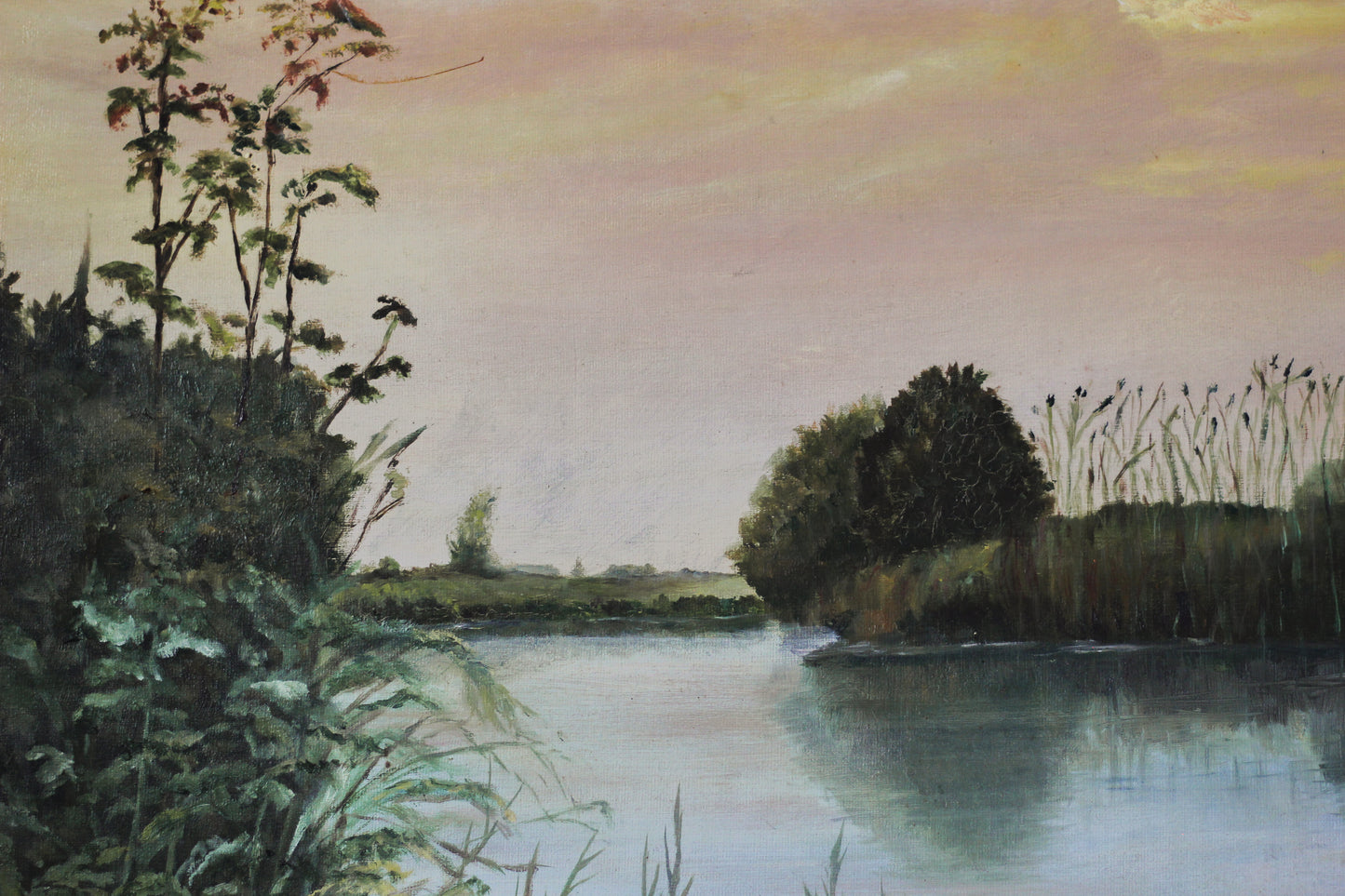 Sunset Over Lake Landscape Scene, Oil on Board