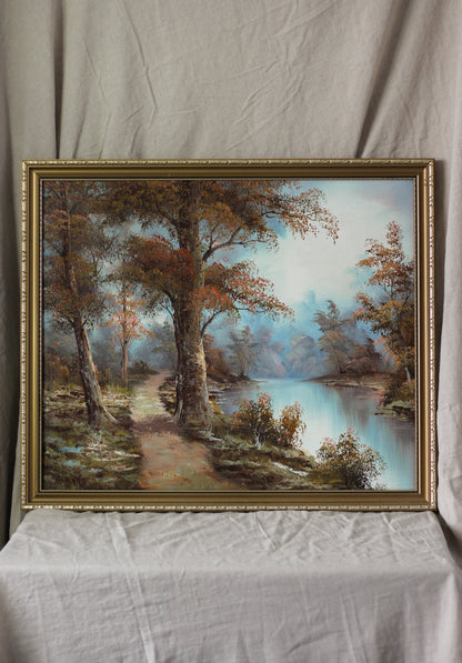 Woodland Scene with River, Oil on Canvas