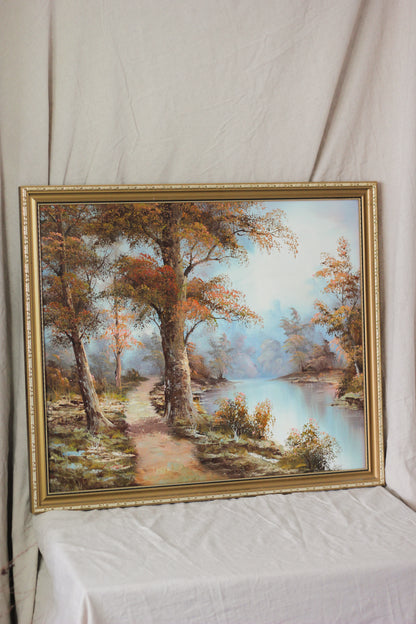 Woodland Scene with River, Oil on Canvas