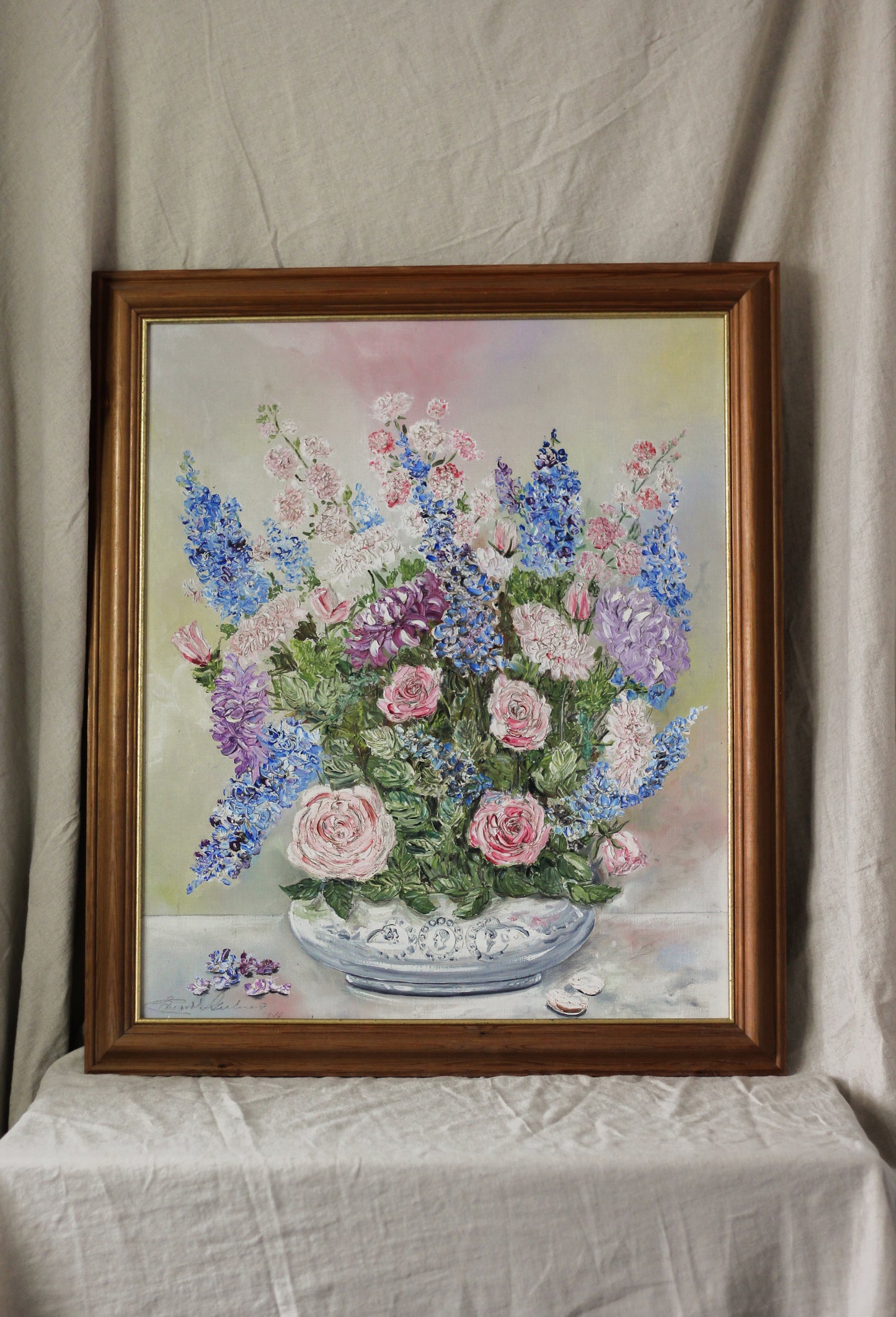 Floral Bouquet in Ornamental Vase, Oil on Board