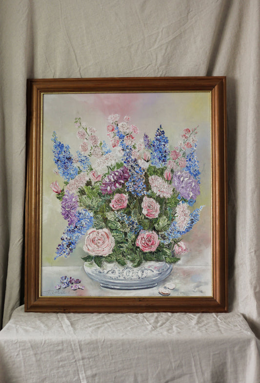 Floral Bouquet in Ornamental Vase, Oil on Board