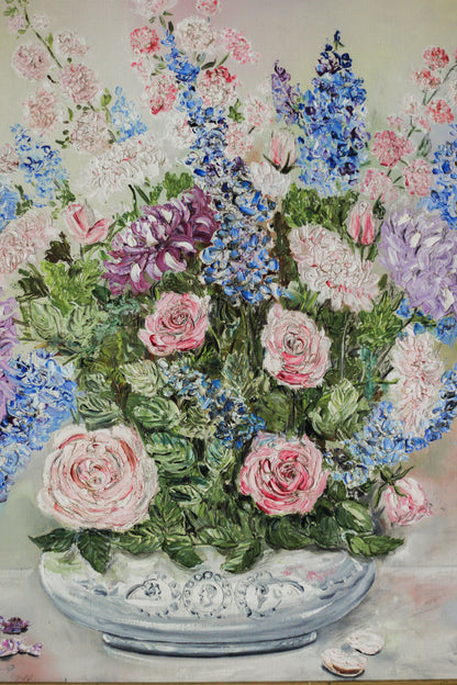 Floral Bouquet in Ornamental Vase, Oil on Board