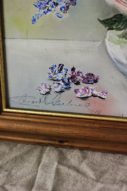 Floral Bouquet in Ornamental Vase, Oil on Board