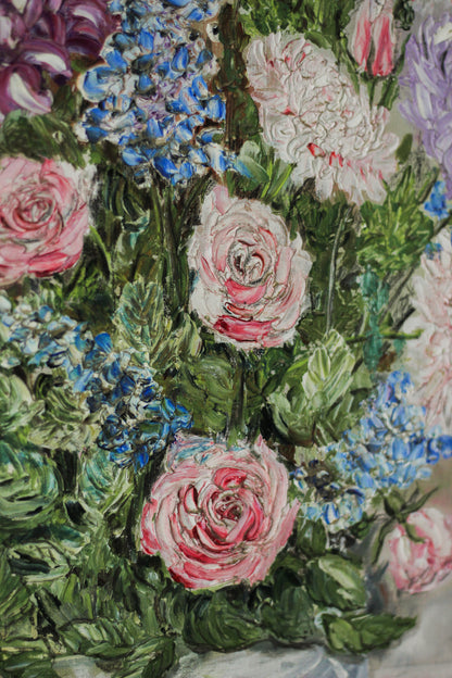 Floral Bouquet in Ornamental Vase, Oil on Board