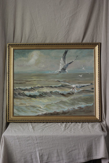 "Scavenging" Seagulls over Waves, Oil on Board