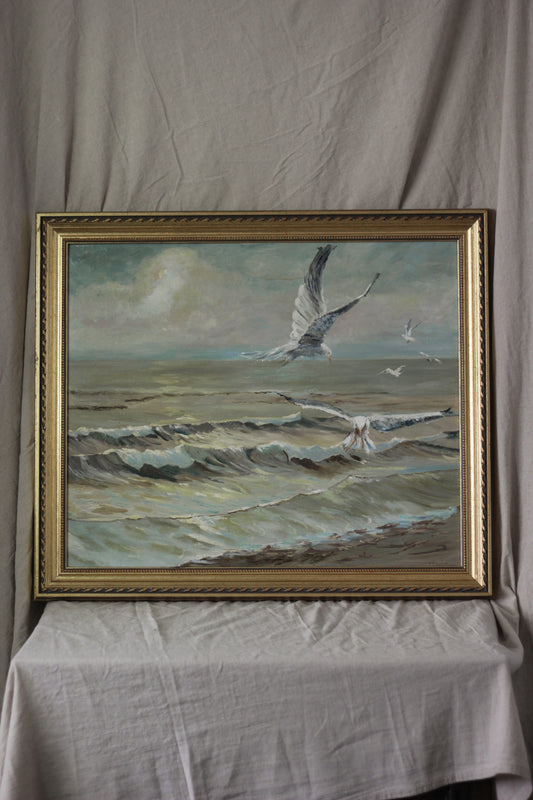 "Scavenging" Seagulls over Waves, Oil on Board