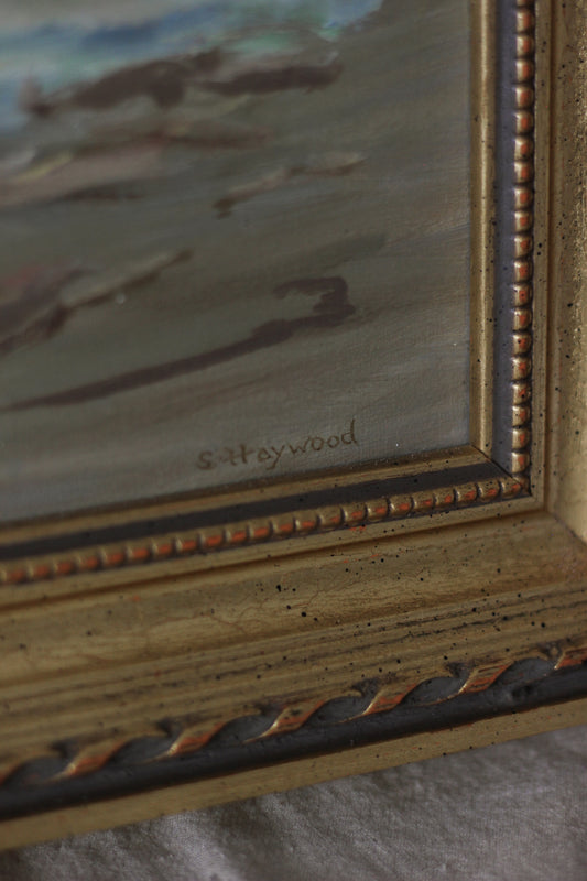 "Scavenging" Seagulls over Waves, Oil on Board