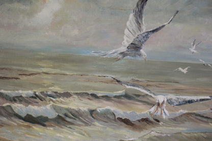 "Scavenging" Seagulls over Waves, Oil on Board