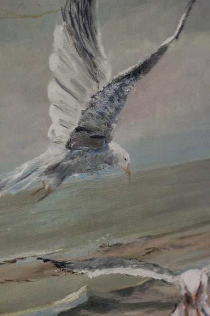 "Scavenging" Seagulls over Waves, Oil on Board